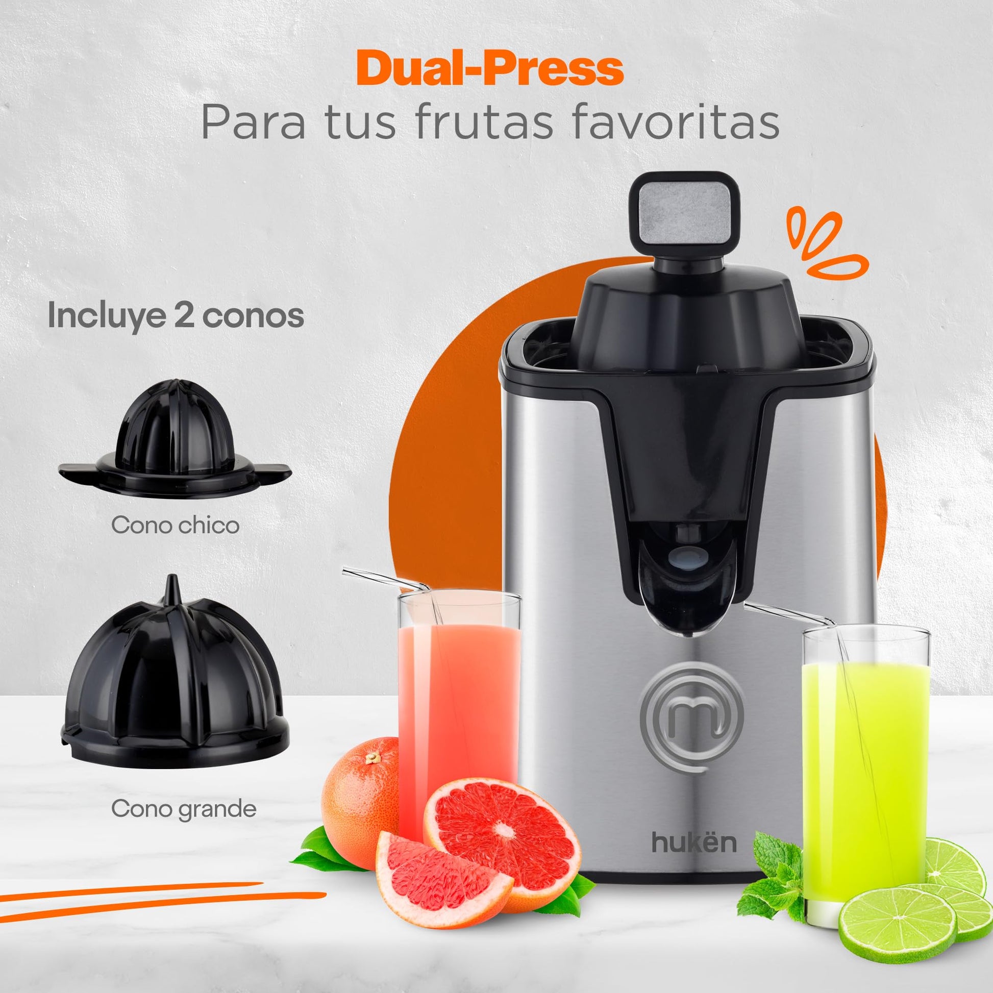 Hukën x MasterChef | Exprimidor Eléctrico de Cítricos CITRUSMAX 200W | Exprimidor de Naranjas y Limones | 2 Conos Dual-Press | Filtro Ajustable | Antiderrame | Acero Inoxidable