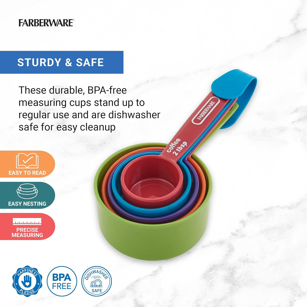 Farberware 5216439 Professional Plastic Measuring Cups with Coffee Spoon, Set of 5, Assorted Colors