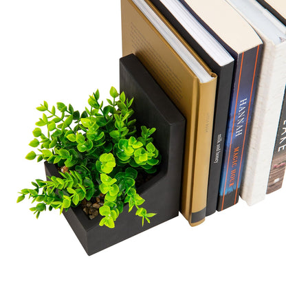 Mind Reader - Sujetalibros contemporáneos para macetas, Soportes para Libros con vegetación sintética, Organizador Decorativo de computadora o estantes, Cemento, Juego de 2, Negro