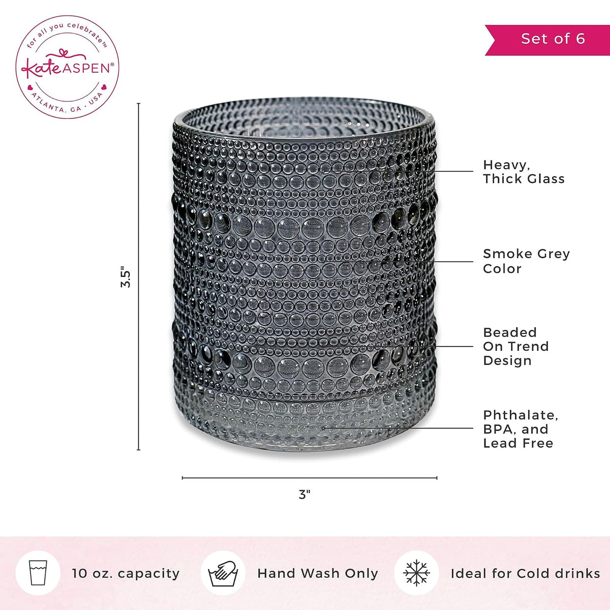 Kate Aspen - Juego de vasos para beber con abalorio de hobbnail clásico, juego de vasos de cóctel, vaso de jugo, tazas de agua, es un gran regalo para anfitriona, regalo para recién casados (gris