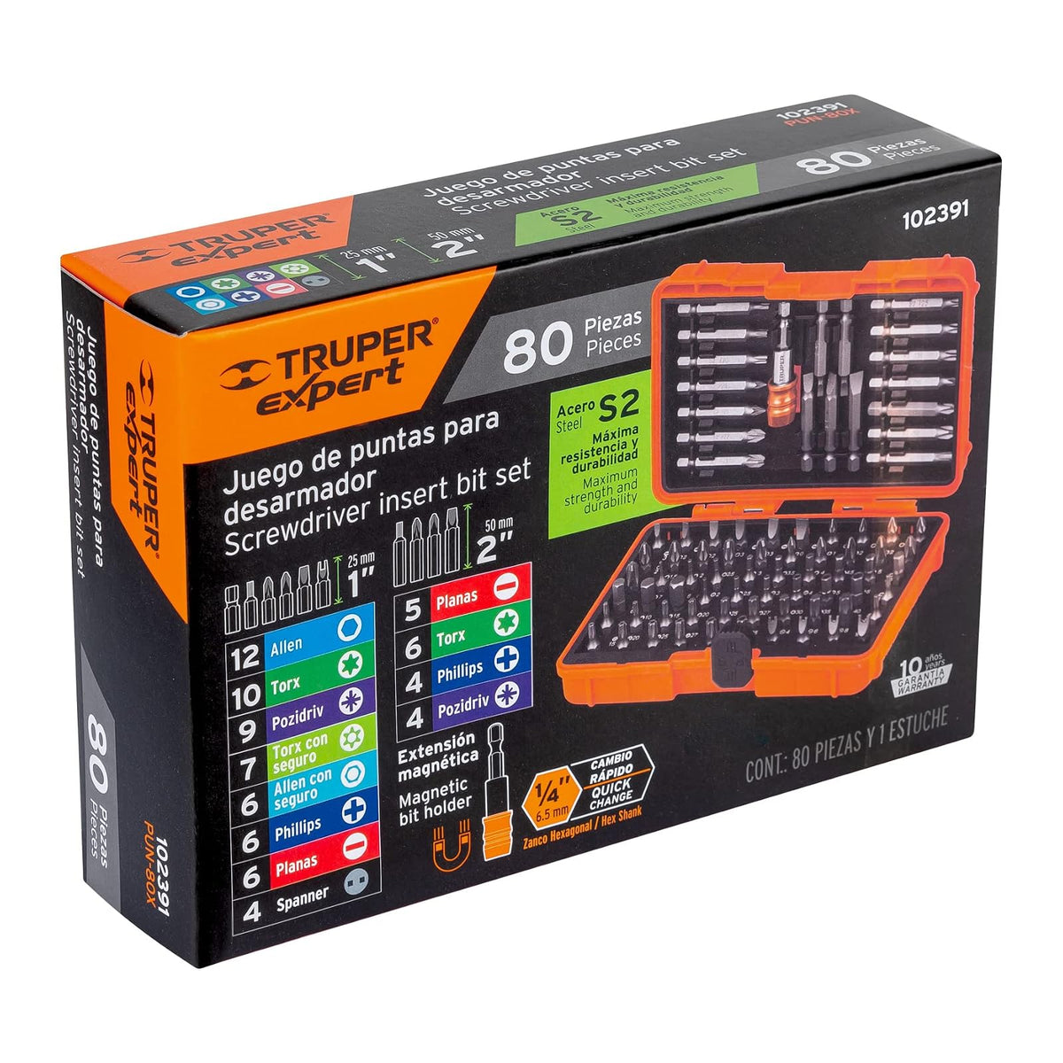 Truper Expert PUN-80X, Juego de puntas mixtas 1" y 2", 80 piezas