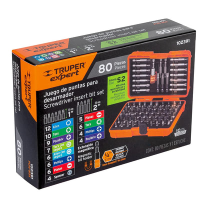 Truper Expert PUN-80X, Juego de puntas mixtas 1" y 2", 80 piezas