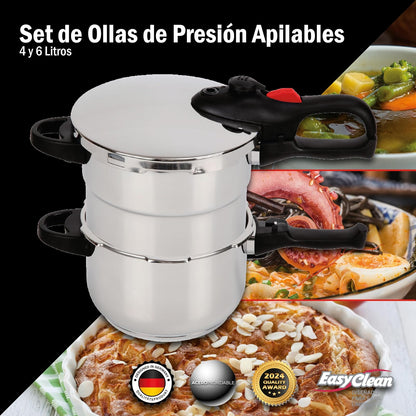 Bogner Set de ollas de presión fabricadas de acero inoxidable, Incluye 1 olla de 4 litros y otra de 6 litros, con accecorios (vaporera y tapa de cristal)