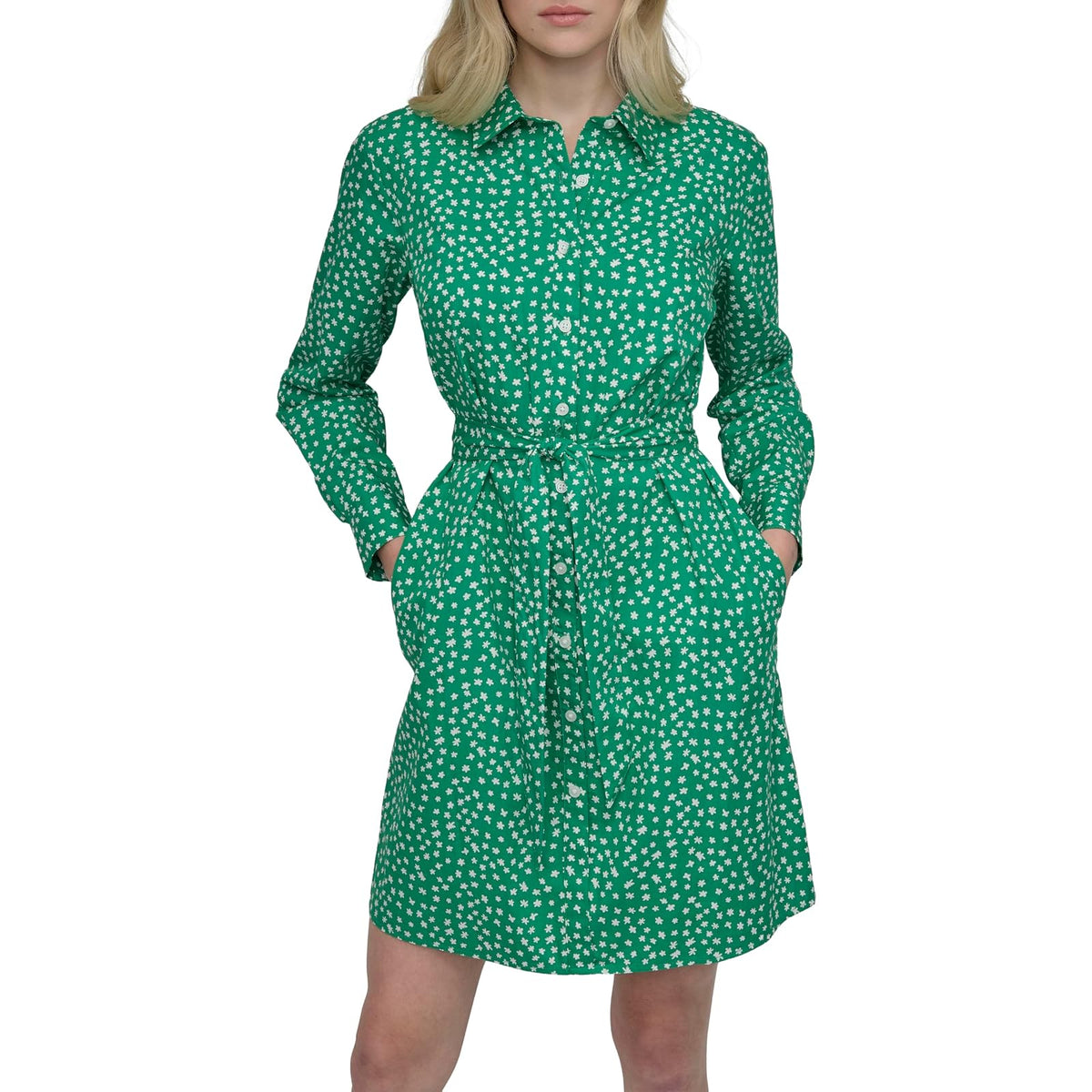 DKNY Mini Vestido Manga Larga con Cinturón para Mujer - 4 - Verde manzana - marfil