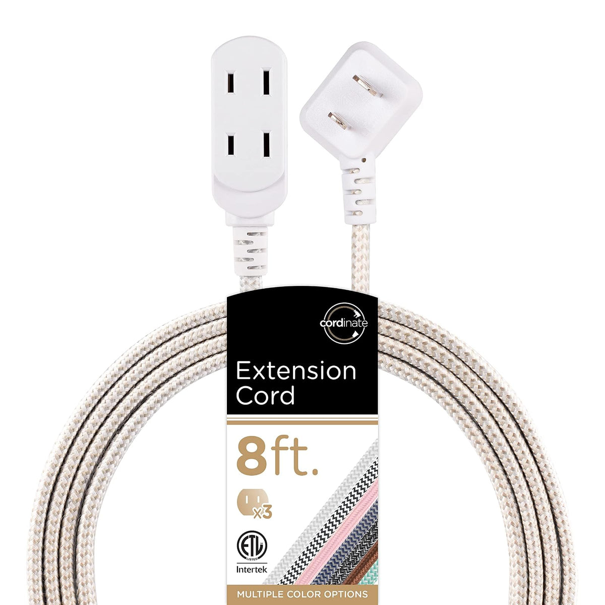 Cordinate Designer Extensión Eléctrica de 3 Salidas Polarizadas, Cable Trenzado 2.4 m - Blanco - Bronce - 2.4 m - 1 paquete