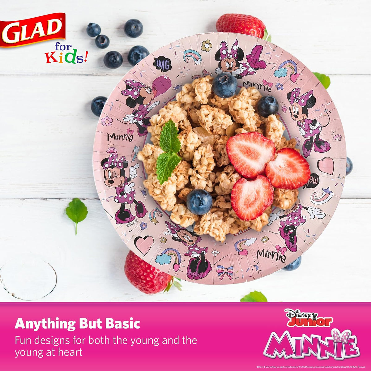 Glad para Niños Cuencos de Papel Mickey and Friends 12oz | Rosa con Lunares, 40 pzs, Diseño Minnie Mouse, Resistentes a Remojo, Seguros para Microondas