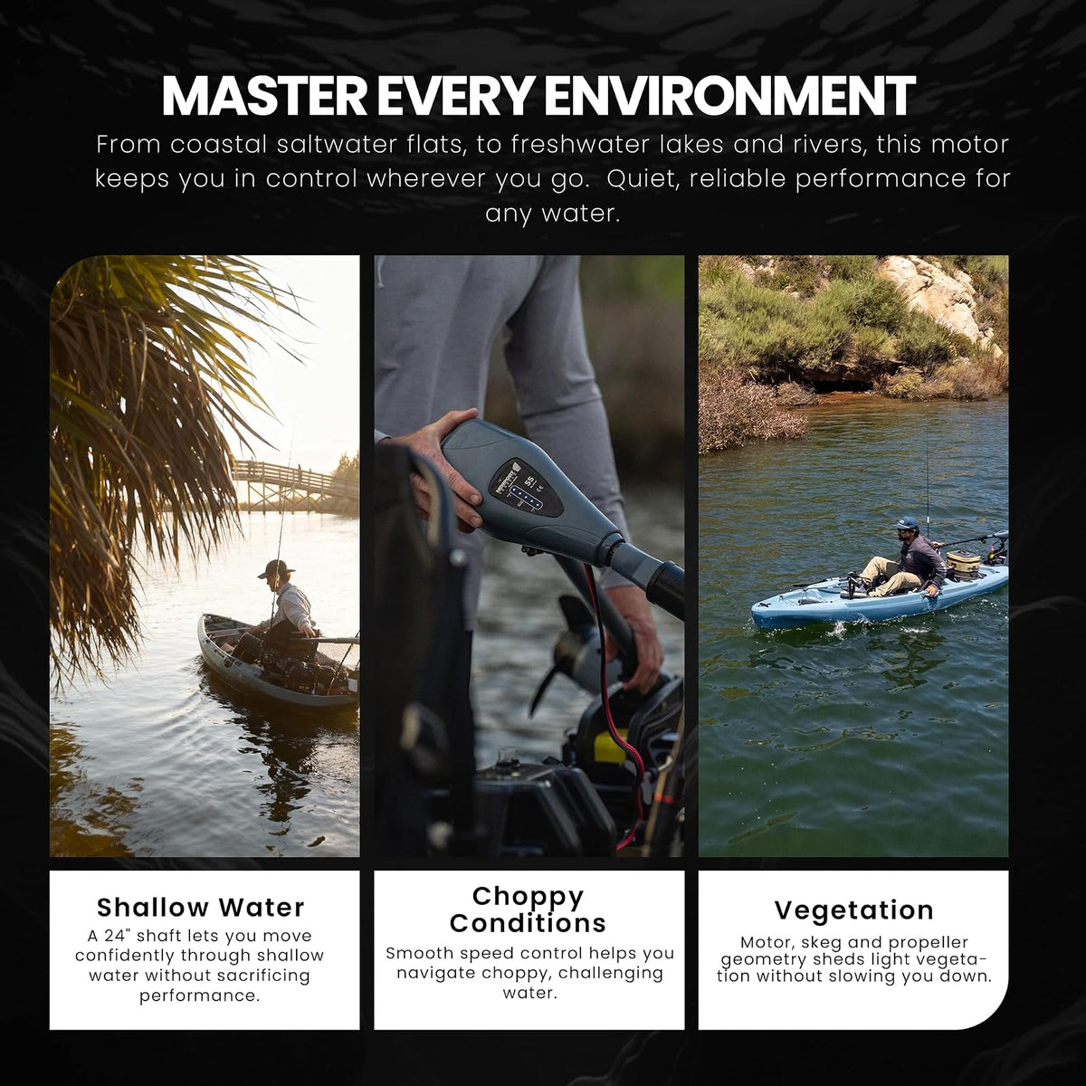 Newport Vessels Kayak Series - Motor eléctrico de arrastre de agua salada con indicador de batería LED (eje de 24 pulgadas)
