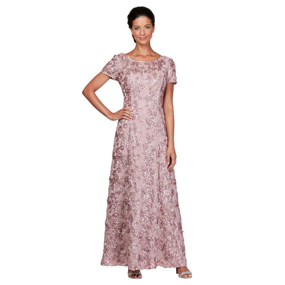 Alex Evenings Vestido Largo con Rosetas Metálicas Manga Corta - 8 - Rosa
