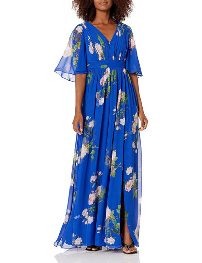 Adrianna Papell Floral Chiffon Dress with Flutter Sleeves Vestido Formal de Noche Mujer