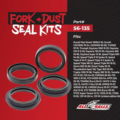 All Balls Racing Kit de Sellado de Horquilla y Polvo 56-135 para Suzuki/Triumph/Yamaha | Repuesto OEM, compatible con Triumph Daytona 1000, reemplaza a Honda 51490-KA3-731 91254-KZ4-711 Kawasaki 92049-1092, 56-135