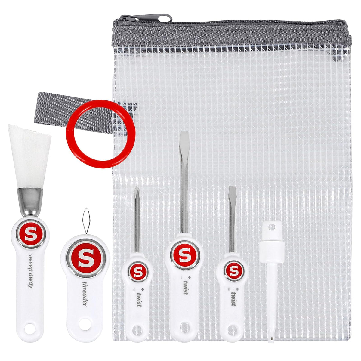 SINGER - Kit de mantenimiento de máquina de coser - Juego de herramientas con insertor de aguja, cepillo para polvo de pelusa en ángulo, juego de 3 destornilladores, enhebrador de agujas,
