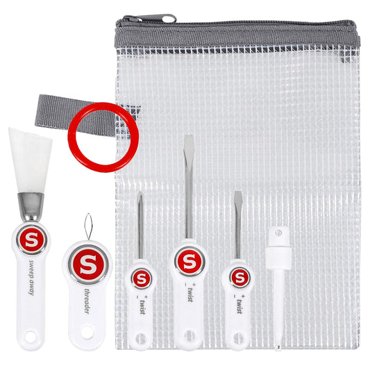 SINGER - Kit de mantenimiento de máquina de coser - Juego de herramientas con insertor de aguja, cepillo para polvo de pelusa en ángulo, juego de 3 destornilladores, enhebrador de agujas,
