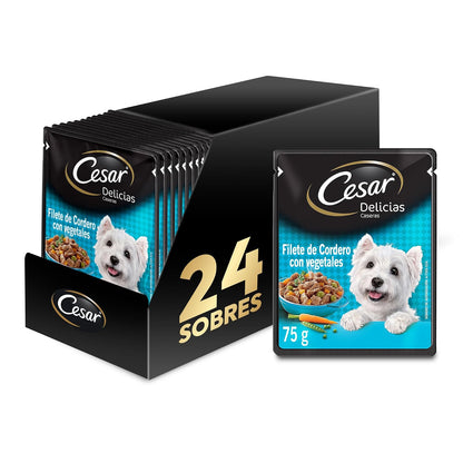 Cesar - Sobres de Alimento para Perros Adultos, Sabor Cordero y Vegetales, 75g c/u., Paquete de 24 Sobres
