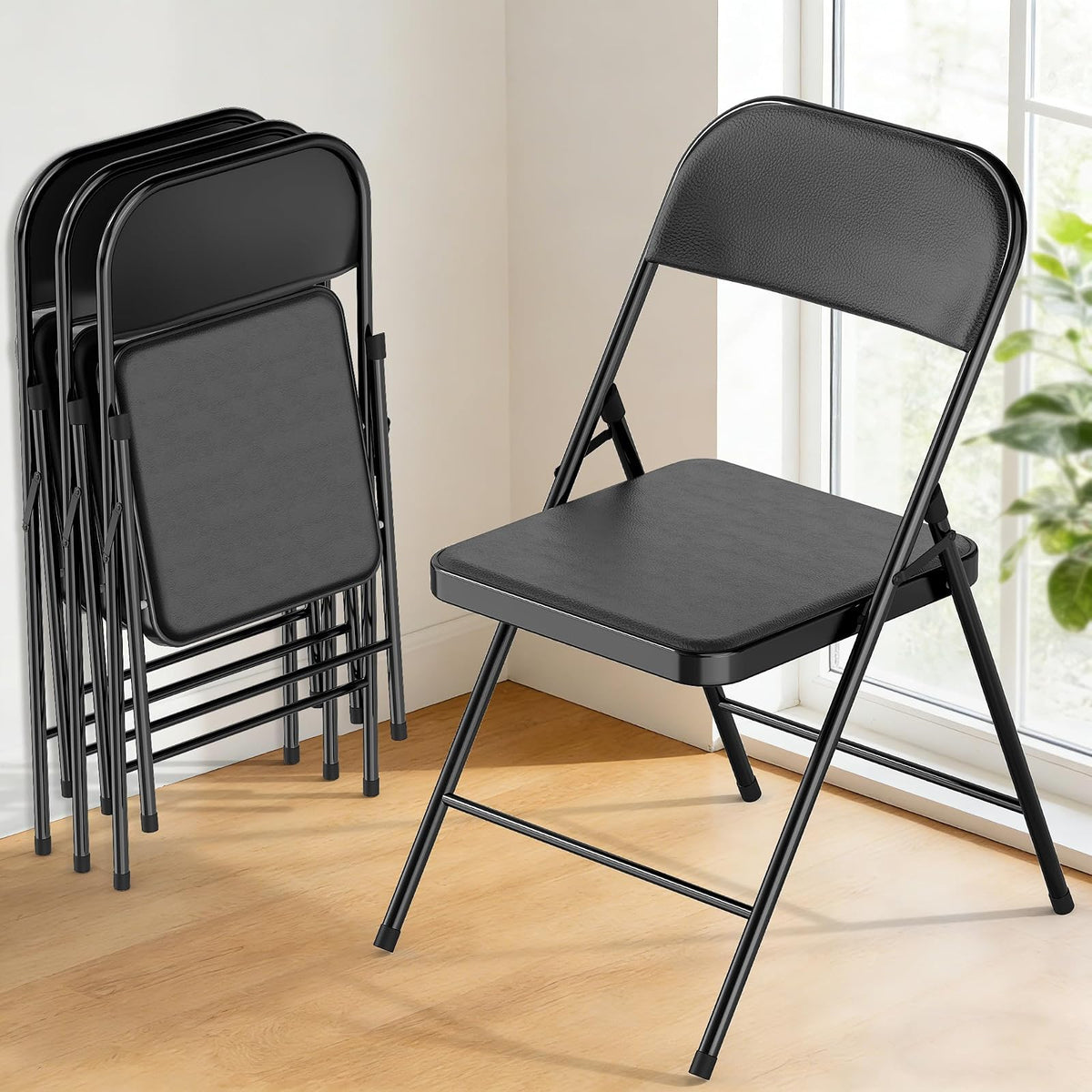 Paquete de 4 sillas Plegables Negras con cojín y Respaldo Acolchados, cómodo Asiento Acolchado con Marco de Metal Duradero, Silla Plegable portátil apilable para el hogar, Oficina, Fiesta, Eventos