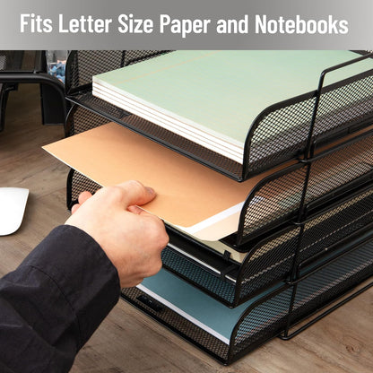 Betesh Mind Reader Stackable Paper Tray, Desktop Organizer, File Storage, Office, Metal Mesh, 10.5" L x13.5 W x11.25 H, 4 Pcs., Black