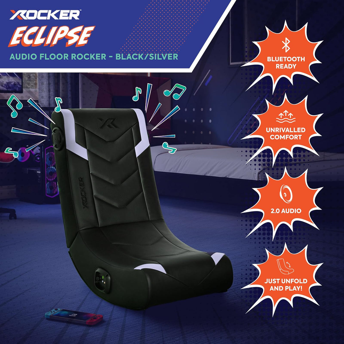 X Rocker Eclipse - Silla de Piso para Videojuegos con Altavoces incorporados, Bluetooth inalámbrico, Plegable, Piel Vegano, 300 Libras máximo, Exclusivo de , Negro y Plateado