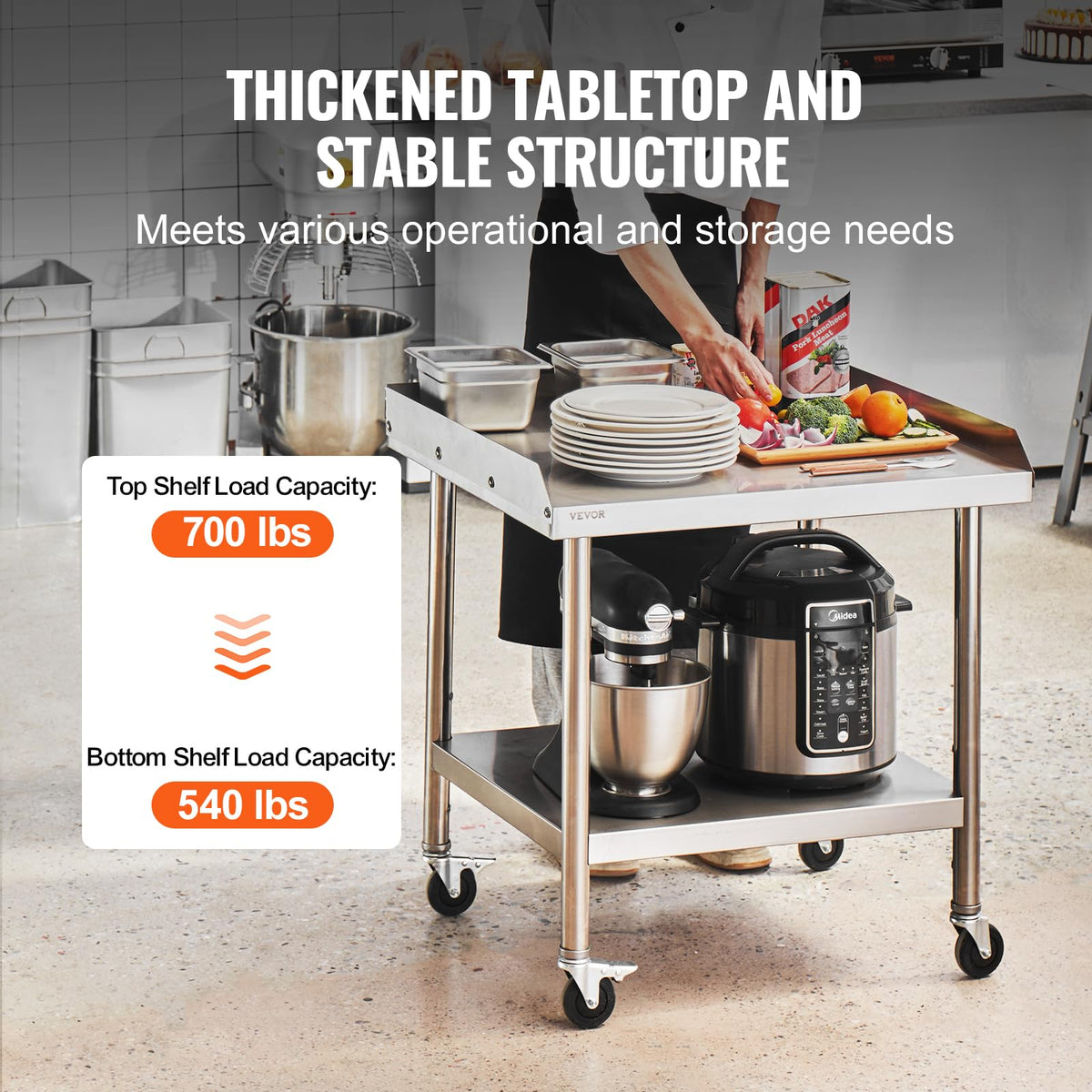VEVOR Mesa de Trabajo de Acero Inoxidable Mesa de Trabajo Comercial para Preparación de Alimentos con 4 Ruedas Salpicadero de 3 Lados Mesa de Trabajo 610x711x762 mm Mesa de Trabajo para Restaurante