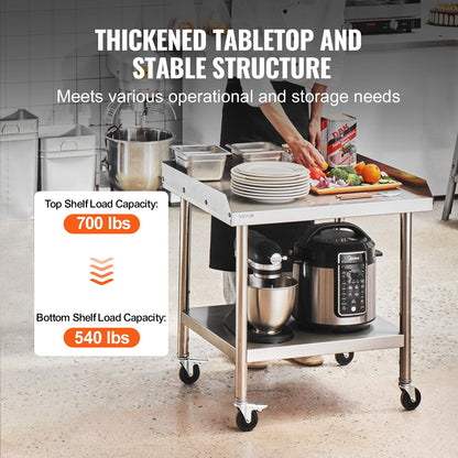 VEVOR Mesa de Trabajo de Acero Inoxidable Mesa de Trabajo Comercial para Preparación de Alimentos con 4 Ruedas Salpicadero de 3 Lados Mesa de Trabajo 610x711x762 mm Mesa de Trabajo para Restaurante