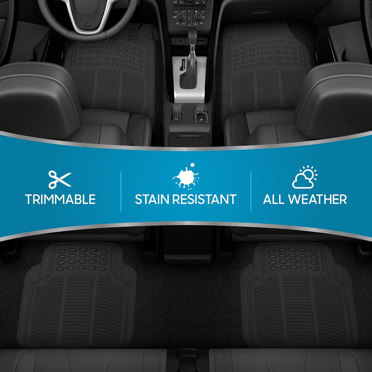 BDK todo tipo de clima alfombrillas de goma para automóvil SUV y camión - Set de 4 piezas (parte delantera y trasera), ajustable, resistente protección (Negro)