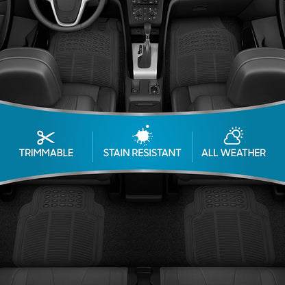 BDK todo tipo de clima alfombrillas de goma para automóvil SUV y camión - Set de 4 piezas (parte delantera y trasera), ajustable, resistente protección (Negro)
