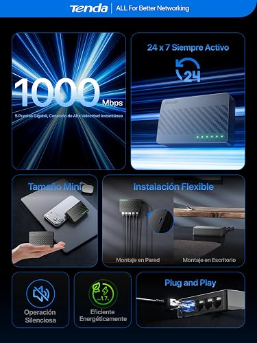 Tenda SG105 Switch Ethernet Gigabit 5 Puertos Splitter Plug & Play | Switch de red no administrable con LED. Silencioso, compacto, montaje en pared/escritorio. Para cable, Router, PC, NAS.
