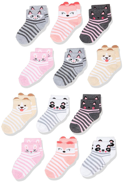 Cherokee Calcetines Cortos para Niña, Paquete de 12 - 2-4 Años - Critters de rayas surtidos