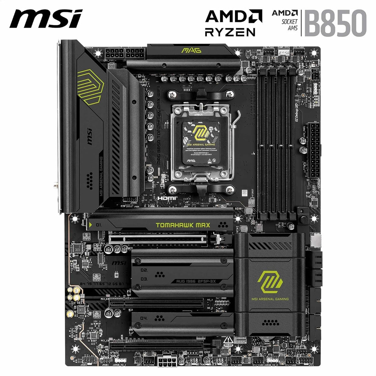 MSI MAG B850 Tomahawk MAX WiFi V1 Motherboard, ATX - Compatible con procesadores AMD Ryzen 9000/8000 / 7000, AM5-80A SPS VRM, DDR5 Memory Boost 8400+ MT/s (OC), PCIe 5.0 x16, M.2 Gen5, Wi-Fi 7, 5G LAN