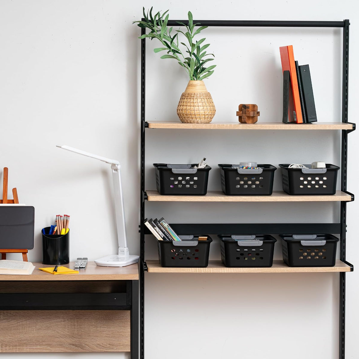 IRIS USA Canasta Mediana de Plástico para Almacenamiento, Paquete de 6, Cesta Organizador para Colgar, para Estantes, Despensas, Cocinas, Armarios, Dormitorios y Baños, Negro
