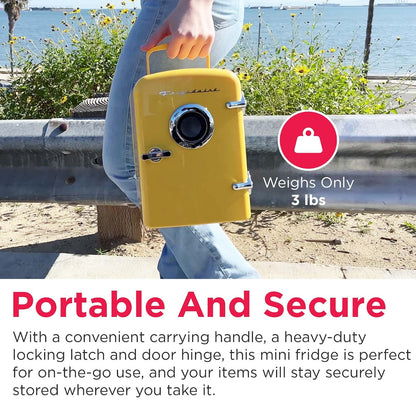 Frigidaire Curtis EFMIS151 Mini Portable Compact Personal Cooler Fridge, 4 Liter Capacity, 6 Cans, Makeup, Skincare, Freon-Free & Eco Friendly, Includes Home Plug & 12V Car Charger, Yellow