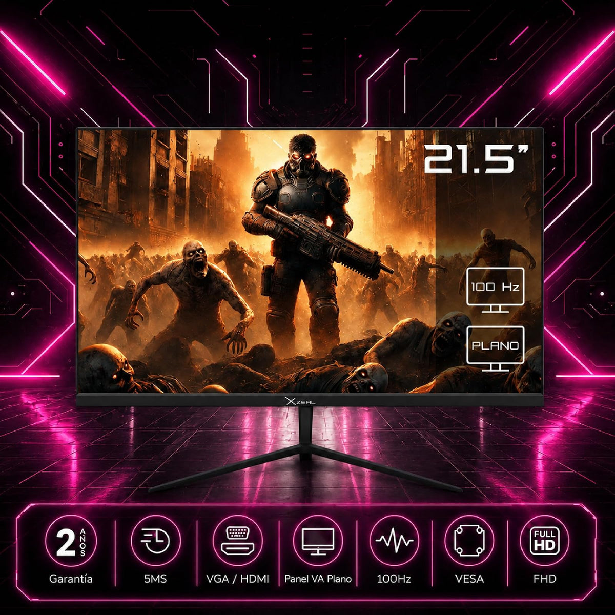 Xzeal Monitor 21.5" XST 580-1 Panel Plano VA HD 100Hz 5ms 1xVGA + 1xHDMI + 1xDC + Vesa 75x75mm Negro