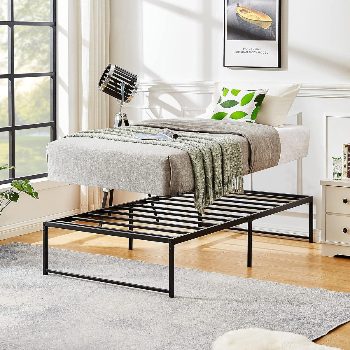 VECELO Base Cama Individual, Marco de Cama de Plataforma de Metal de 36 cm de Altura, no Necesita muelles de Caja, Soporte de Listones de Acero, Color Negro (Individual)
