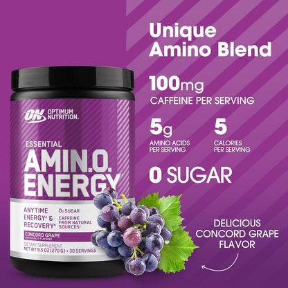 Optimum Nutrition Essential Amin.O. nrgy sabor uva, 100mg cafeína y aminoácidos naturales, sin azúcar,270 g.