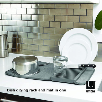 Umbra Udry Escurridor de platos y tapete de secado de microfibra: diseño que ahorra espacio, se pliega para facilitar su almacenamiento, Escurridor mini, Gris