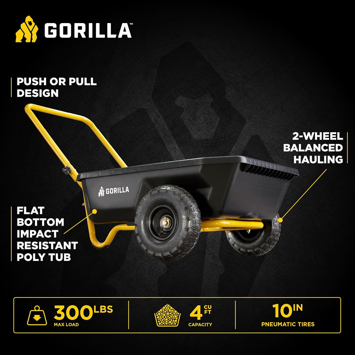 Gorilla Carts GCR-4 - Carro de volquete, Carro de jardín de 2 Ruedas con Mango Plegable, 4 pies cúbicos, 300 Libras Capacity, Negro/Amarillo