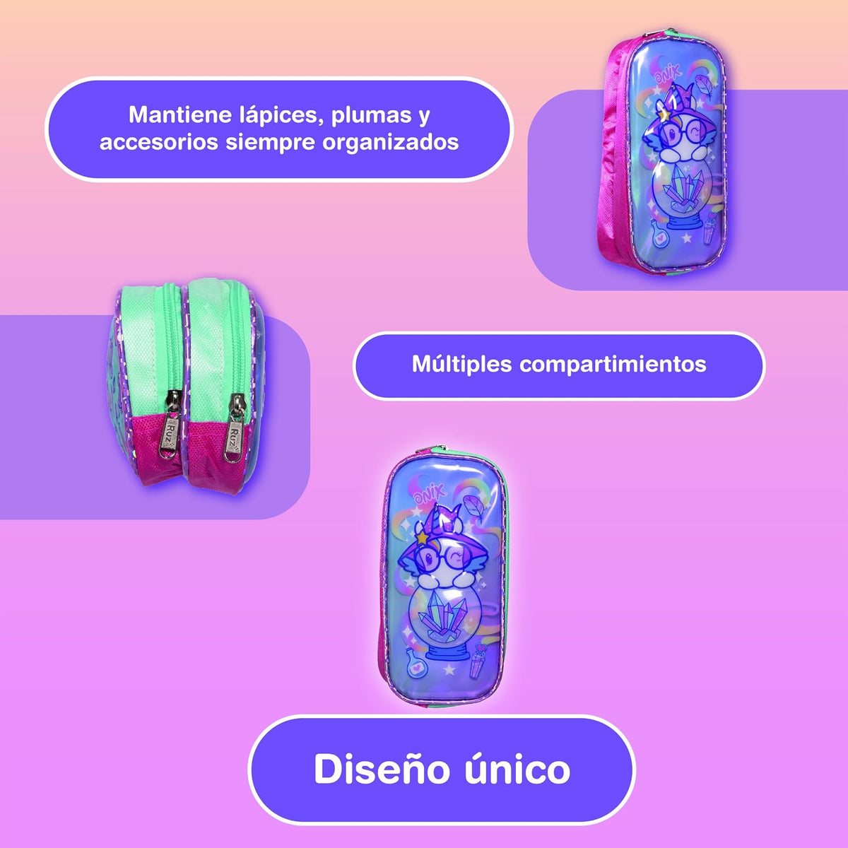 Ruz Lapicera Doble Infantil y Preescolar | Onix | 100% Poliéster | Bolso Organizador para Niños con Bolsillos Separados y Cierre de Cremallera | Recomendado desde 3 años