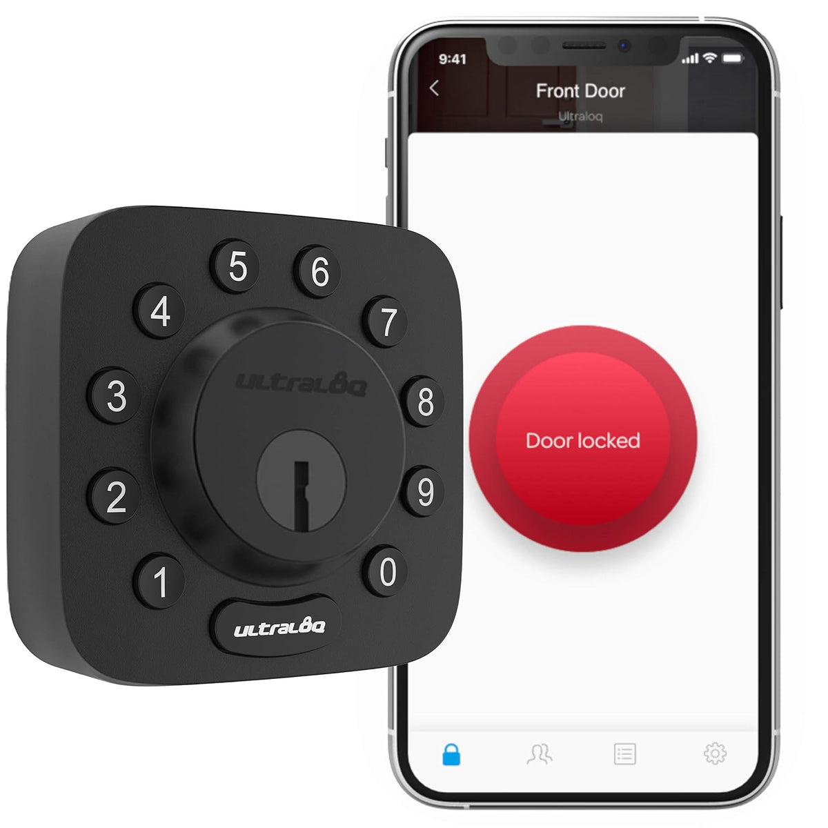 ULTRALOQ U-Bolt 5 en 1 Cerradura de puerta de entrada sin llave con smartphone, Bluetooth, teclado, desbloqueo automático, cerradura de puerta inteligente, cerrojo inteligente, cerradura de puerta delantera, certificado ANSI grado 1, color negro
