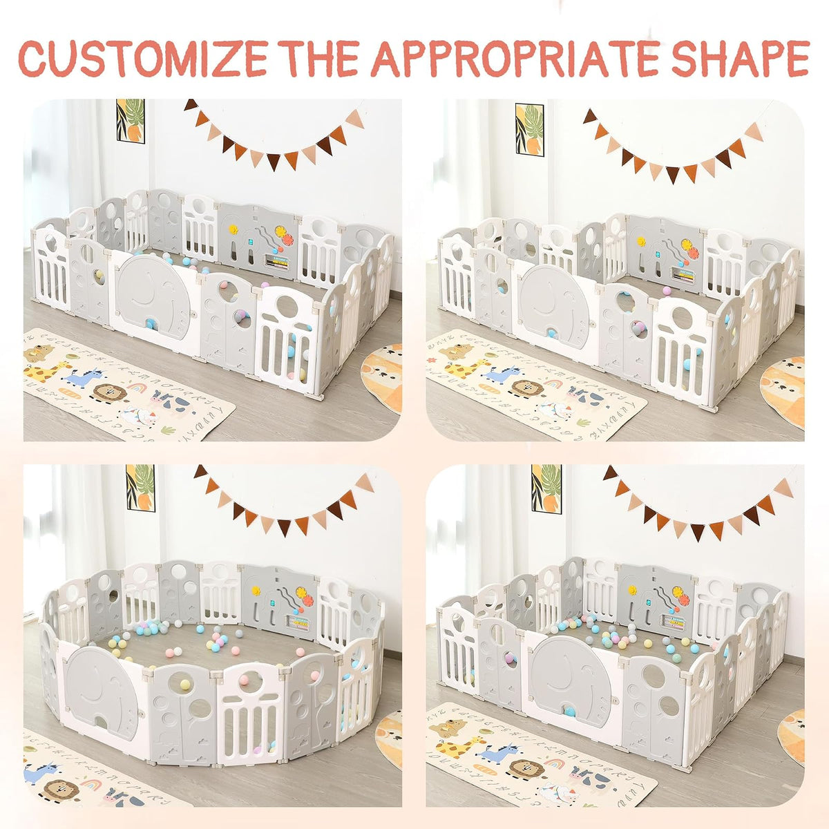 HAPPYMATY Baby Playpen, 18-Panel plegable Play Pen para bebés y niños pequeños Cerca para bebé con panel de juego Sensorial, Forma ajustable Centro de juego de actividad, Portátil y de montaje