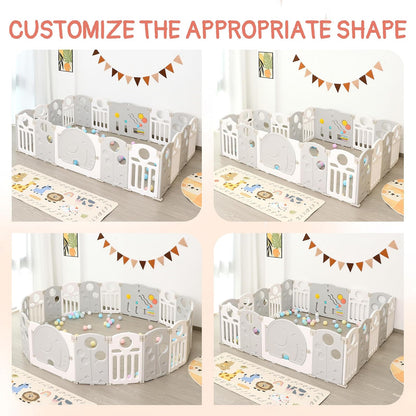 HAPPYMATY Baby Playpen, 18-Panel plegable Play Pen para bebés y niños pequeños Cerca para bebé con panel de juego Sensorial, Forma ajustable Centro de juego de actividad, Portátil y de montaje