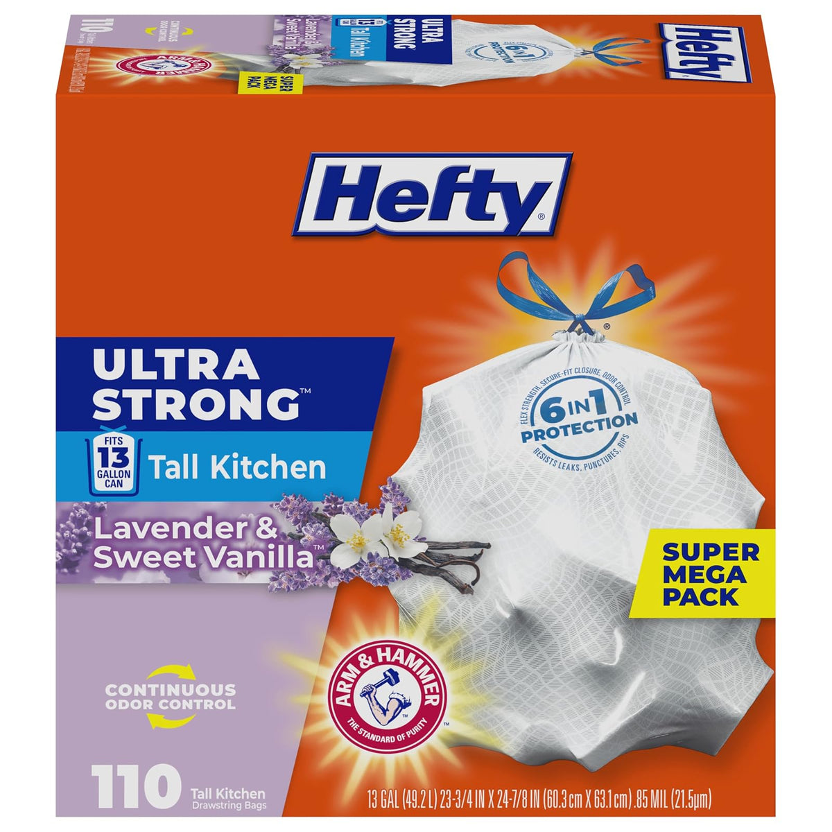 Hefty Ultra Strong Trash Bags (Lavender Sweet Vanilla, Tall Kitchen Drawstring, 13 Gallon 110 Count) – Fits All Simplehuman Size J Cans