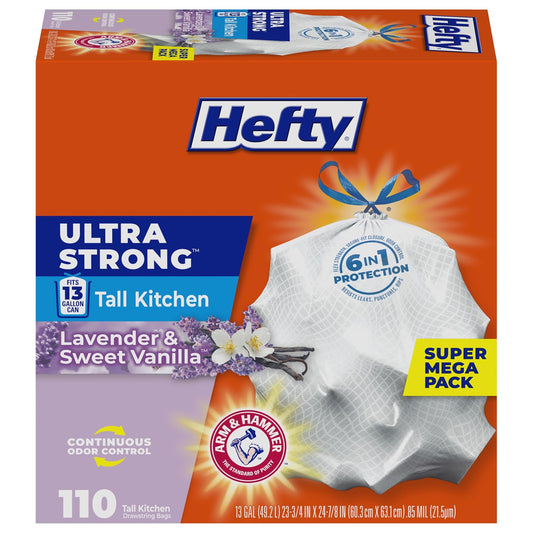 Hefty Ultra Strong Trash Bags (Lavender Sweet Vanilla, Tall Kitchen Drawstring, 13 Gallon 110 Count) – Fits All Simplehuman Size J Cans