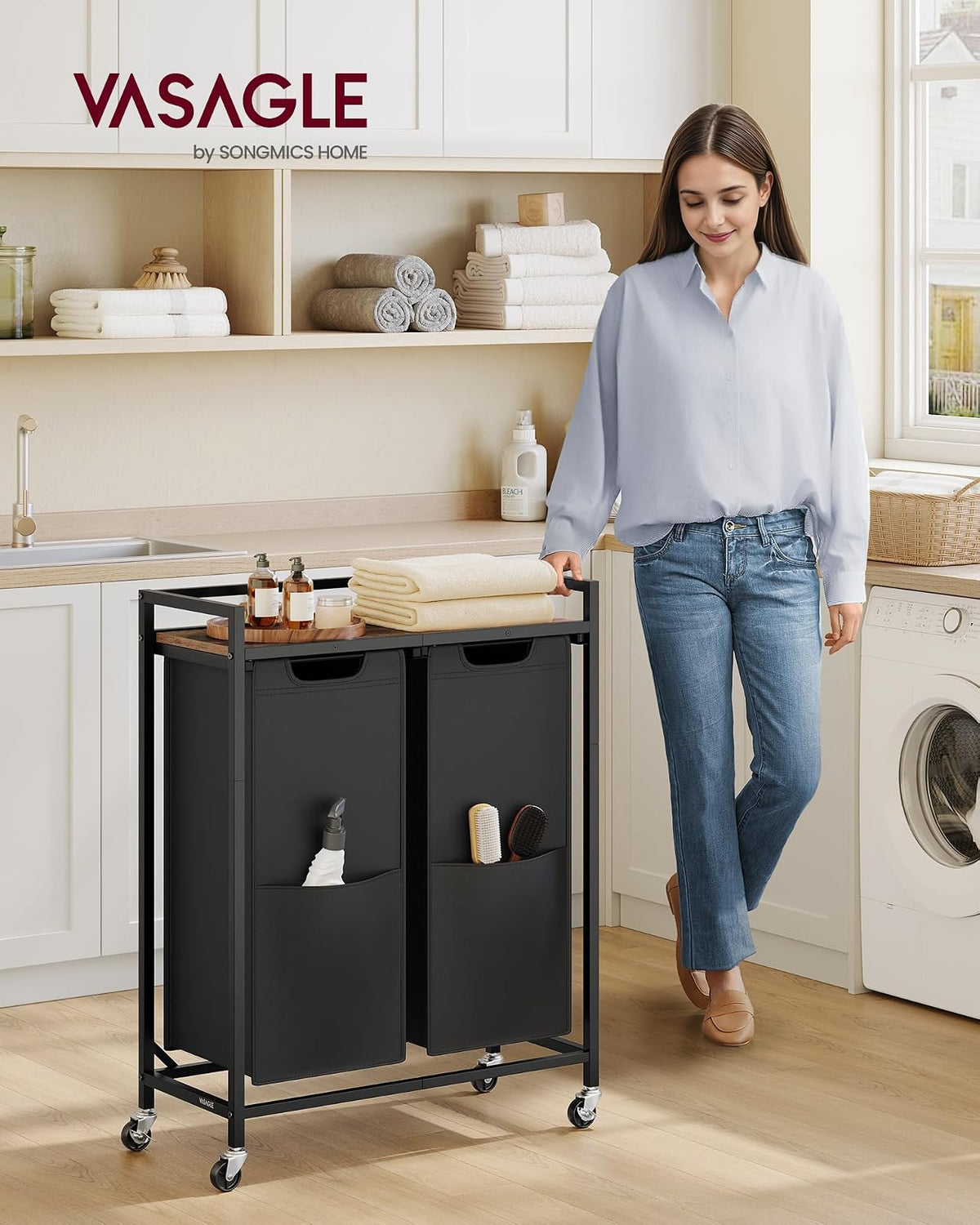 VASAGLE Cesto de Ropa Sucía con 3 Compartimentos, Carrito Rodante con Ruedas con Freno, Estante Superior, Bolsas Extraíbles, 93x32x93 cm MBLH021B01