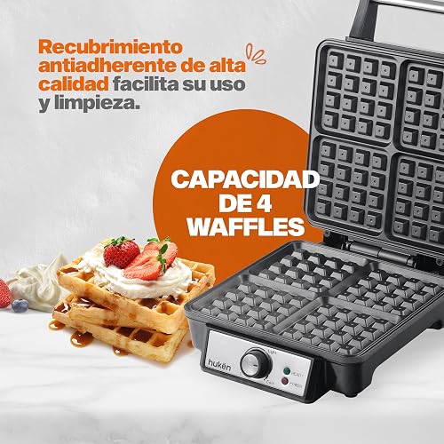 Hukën x MasterChef | Wafflera Belga Eléctrica Heat+ Premium 4 Rebanadas | Perilla de Temperatura Ajustable | Diseño de Acero Inoxidable | Luces de Encendido y Listo | Antiadherente de Alto Nivel