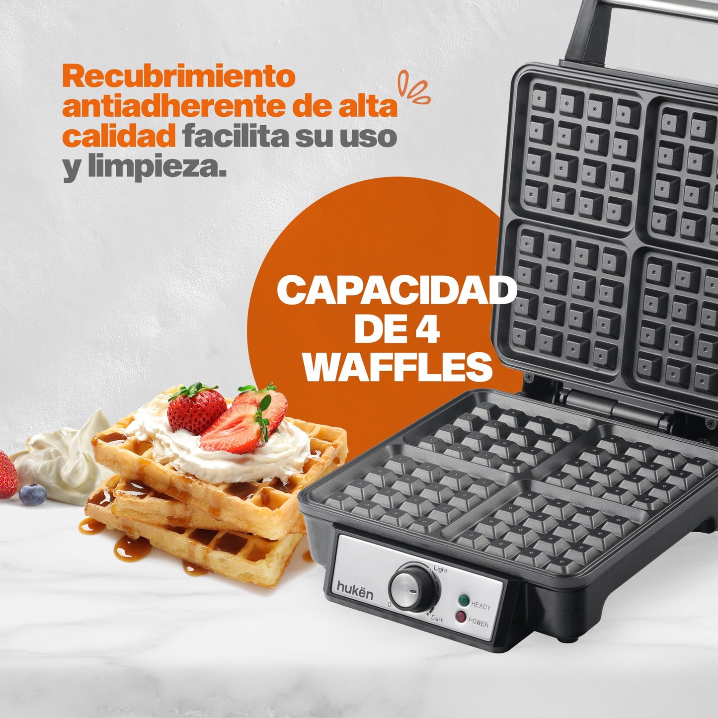 Hukën x MasterChef | Wafflera Belga Eléctrica Heat+ Premium 4 Rebanadas | Perilla de Temperatura Ajustable | Diseño de Acero Inoxidable | Luces de Encendido y Listo | Antiadherente de Alto Nivel
