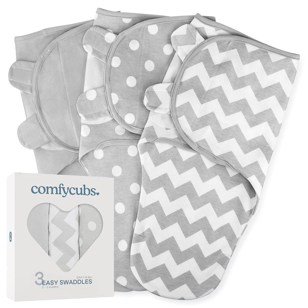 Comfy Cubs Mantas Envolventes para Bebé, Paquete de 3 Mantas | Gris - Manta Envolvente 100% Algodón para Recién Nacidos de 0-3 Meses, Ajustable, Transpirable y Duradera