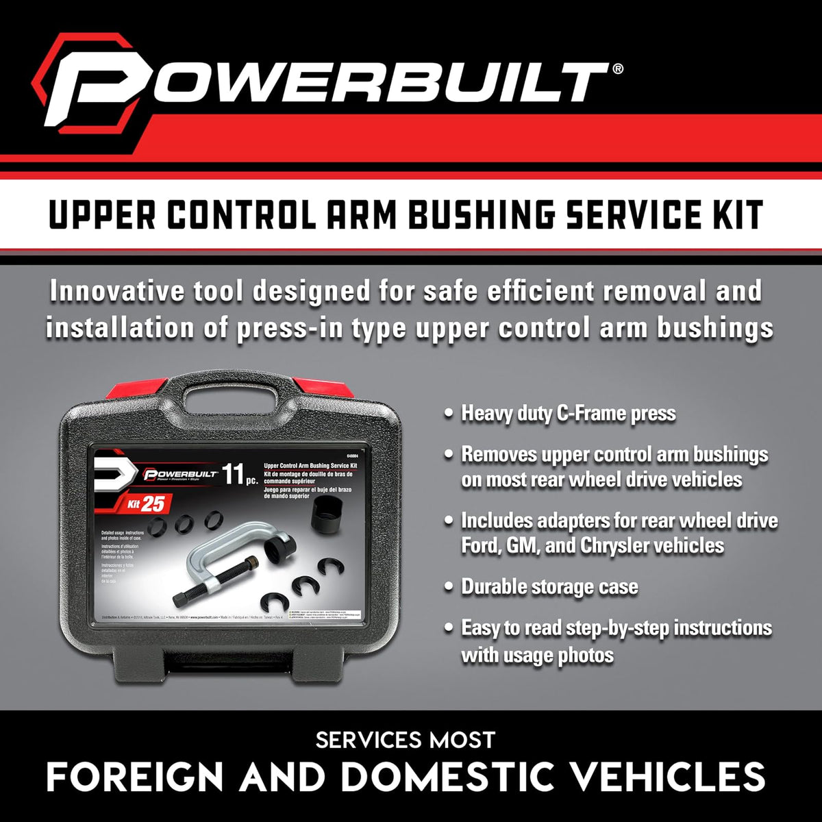 Powerbuilt Juego de herramientas de servicio de bujes de brazo de control superior para Ford, GM y Chrysler, quitar e instalar bujes de automóvil, 648604