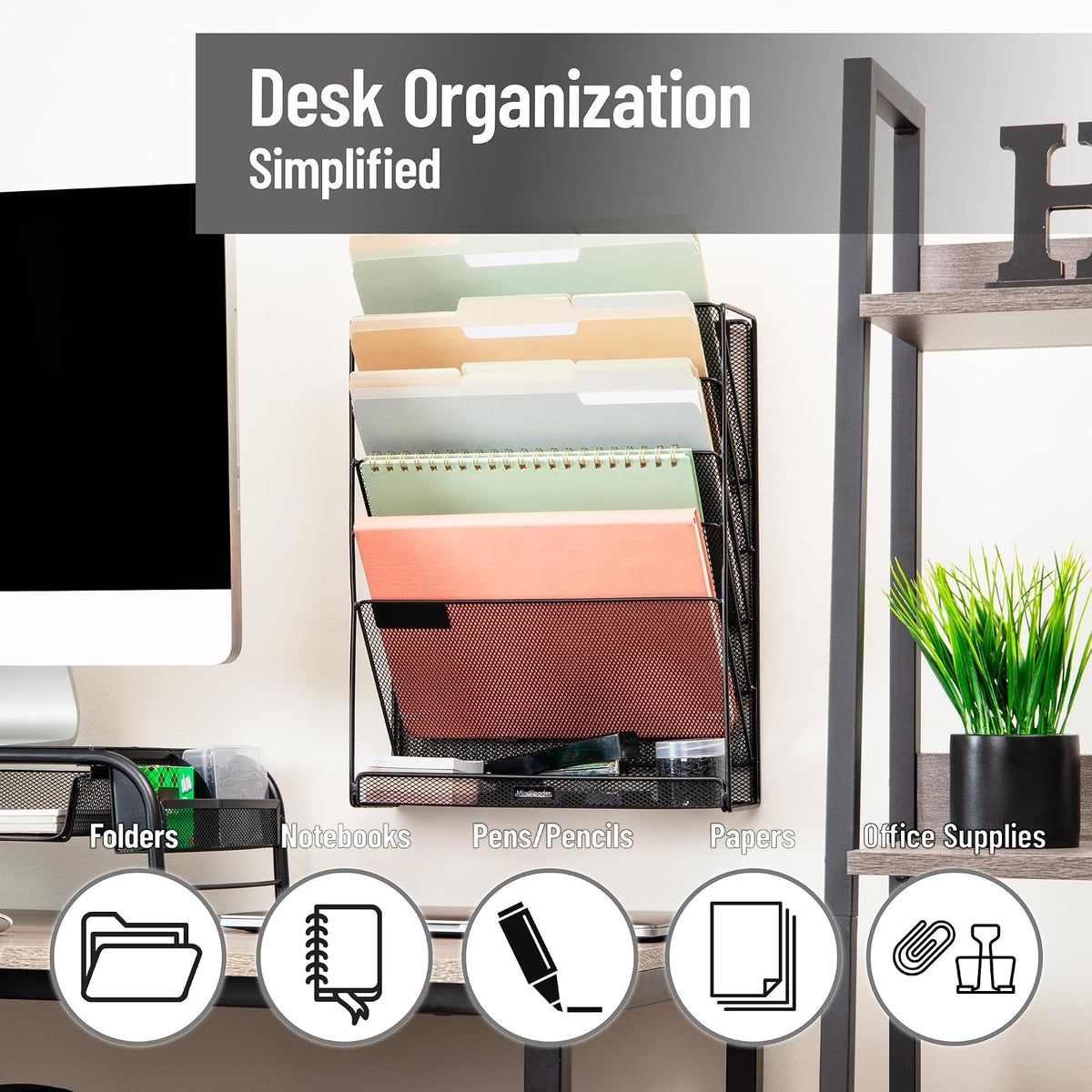 Betesh Mind Reader 5-Tier Vertical File Storage, Desktop Organizer, Wall Mount, Office, Metal Mesh, 12.75" L x 4" W x 16" H, Black