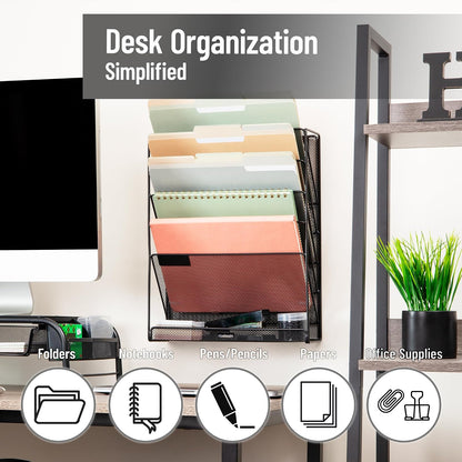 Betesh Mind Reader 5-Tier Vertical File Storage, Desktop Organizer, Wall Mount, Office, Metal Mesh, 12.75" L x 4" W x 16" H, Black
