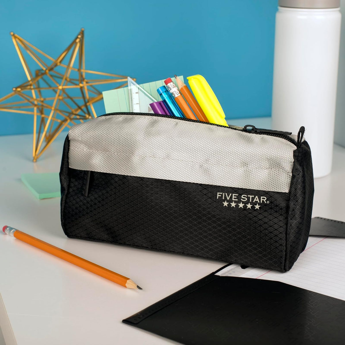 Five Star - Estuche para lápices, estuche para bolígrafos, bolsa con cierre de 9 bolsillos, organizador de almacenamiento para suministros escolares, auriculares, cargadores, cables, maquillaje, negro