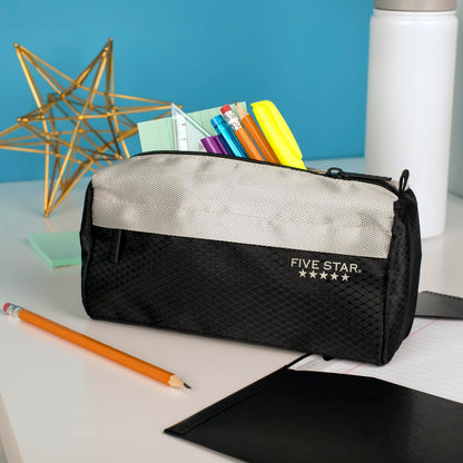 Five Star - Estuche para lápices, estuche para bolígrafos, bolsa con cierre de 9 bolsillos, organizador de almacenamiento para suministros escolares, auriculares, cargadores, cables, maquillaje, negro