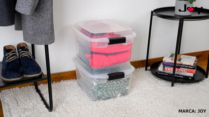 JOY Caja de Almacenamiento de Plástico con Broches de Seguridad, Paquete de 2, Capacidad de 20 Litros + 3 Litros en la Tapa! Ideal para Organizar Ropa, Juguetes y Todos Tus Objetos (45x34x24 cm)
